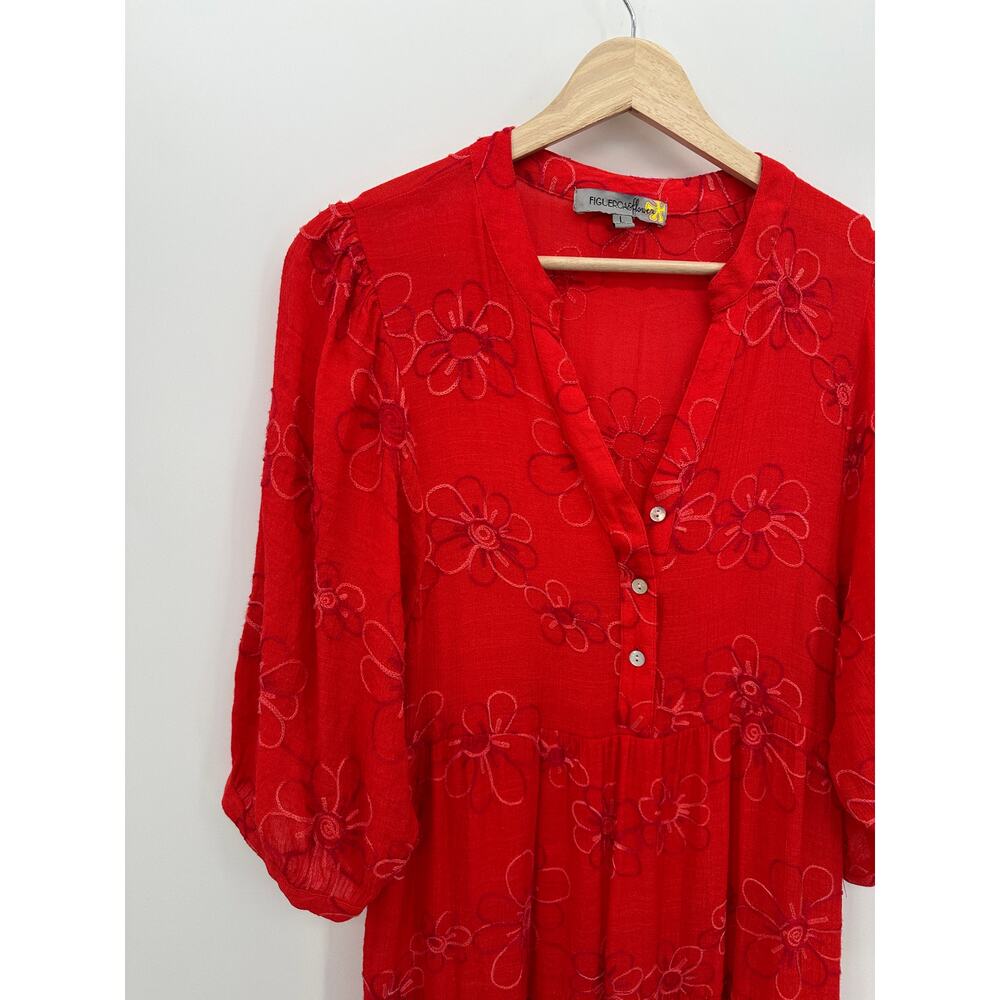 Red Floral Embroidered Midi Dress Tiered V Neck Boho Cottagecore Sz L - Picture 4 of 7
